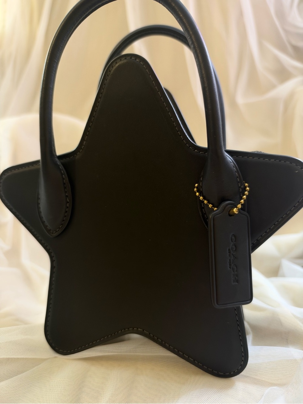 Coach Black Star-Shaped Leather Top Handle Bag with Gold Tag Chain